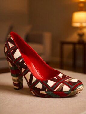 Gucci Velvet Geometric Cream Maroon Green Signed Platform Pumps, Size 6